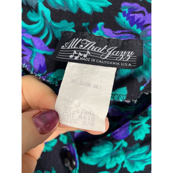 Vintage, Sz 3/4, Bright Teal & Purple Button Up Rayon Dress, Shoulder Pads, VGVC - Picture 4 of 6